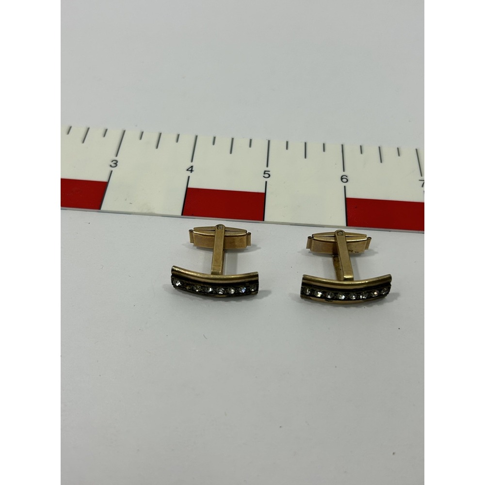 Gold Tone Rhinestone Cufflinks Mens Curved Bar Locking Dress Formal Jewelry
